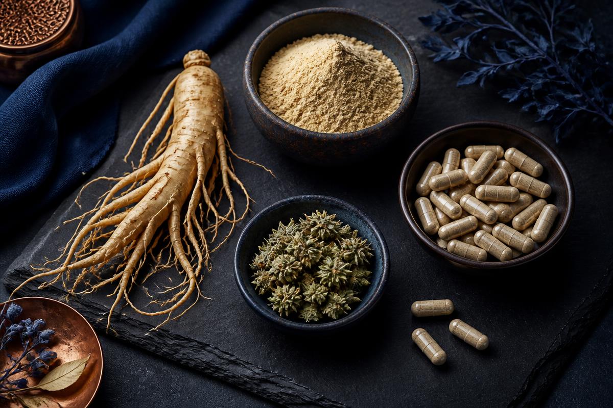 Herbal ingredients used in Trivaxa Male Enhancement including ginseng root and maca powder